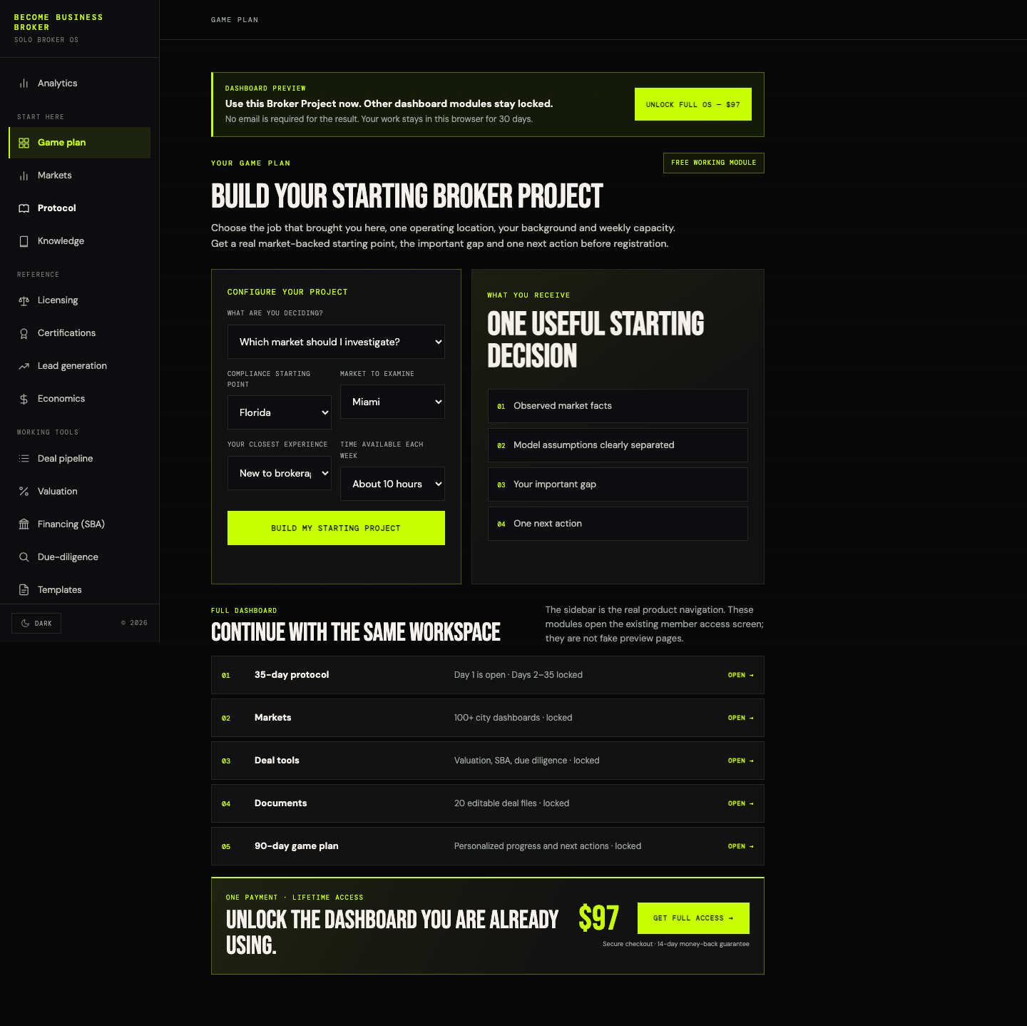 Solo Broker OS dashboard preview showing the left navigation and starting Broker Project